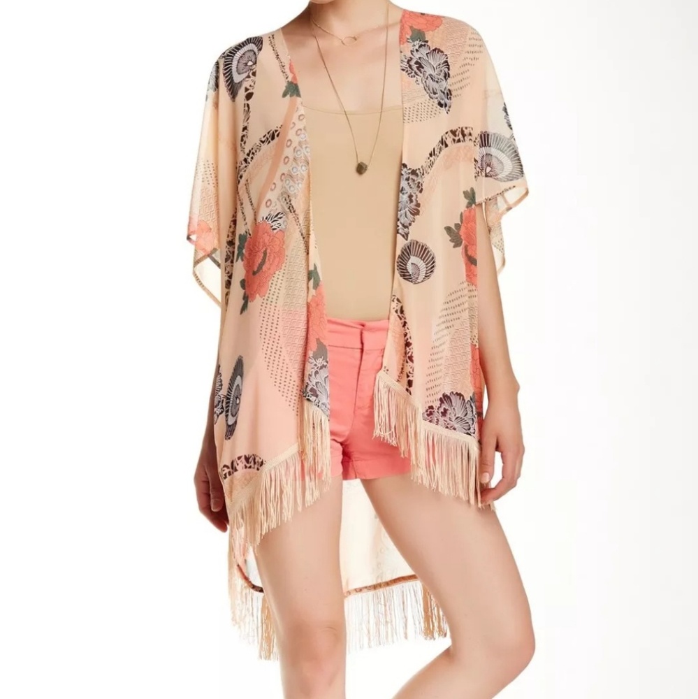 New Daniel Rainn Women's Fringe Oversized Duster Cover Up Peach XS/S